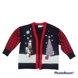 Merry & Bright ugly Christmas holiday winter cardigan w snowman + tree NWT